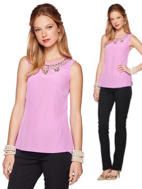 Lilly Pulitzer Tops - Lilly Pulitzer Havana 100% Silk Pink Embellished Jeweled Neck Blouse Top 58738
